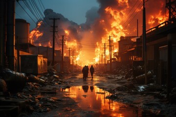 Fire in the city. Firefighters extinguish a fire in the city.