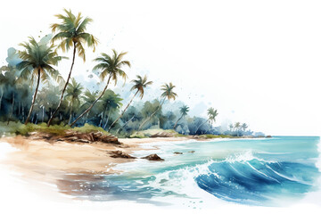 A tranquil beach scene with palm trees swaying in the breeze and turquoise waters lapping the...