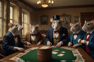 Four mice in suits playing poker at a green table against the backdrop of an antique room with a painting, creating a unique atmosphere