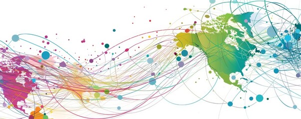 Global connectivity concept with colorful map and dynamic lines, representing international network, data exchange, and world trade