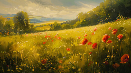 Obraz premium Sunlit meadow with vibrant poppies and scenic landscape