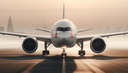 Naklejka premium This image captures a commercial airplane head-on at sunrise, with misty cityscape in the background.