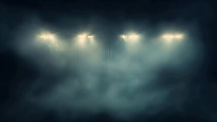 Dark foggy background with stadium lights shining through the smoke, banner design template for sports events