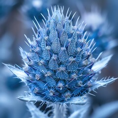 Enhance the details of a blue thistle flower so that each individual floret is clear and sharp.