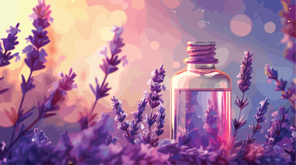 Obraz na płótnie Canvas Bottle of essential oil and lavender flowers on color