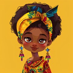 Portrait of African  kid girl smiling on yellow background, color illustration generated with AI. 