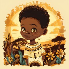 Portrait of cheerful  African  kid boy on yellow background of nature, color illustration generated with AI. 