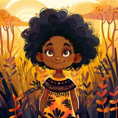 Portrait of African kid girl smiling on yellow background, color illustration generated with AI. 