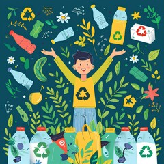 Recycling, sorting plastic and ecological problem. Graphical color illustration generated with AI