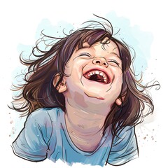 Portrait of kid girl laughing on white background, color illustration generated with AI. World laugher day