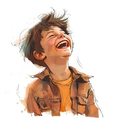 Portrait of cheerful kid  boy laughing on white background, color illustration generated with AI