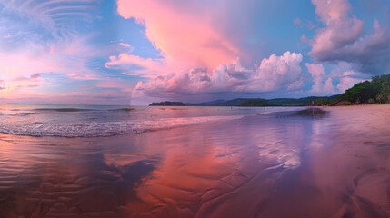 Spectacular sunset at a tranquil sandy beach with lush trees