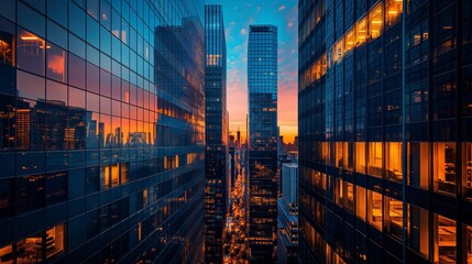 Sunset cityscape, vibrant skyline between skyscrapers. Reflects the energy and dynamism of urban life, ideal for travel and business publications