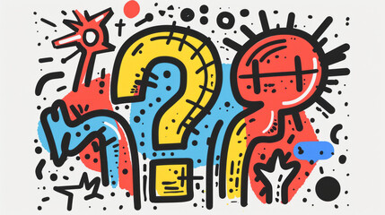 Colorful abstract artwork with a large question mark and dynamic elements