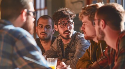 A group of men gathered around a table sharing their latest jewelry creations and offering feedback and support to one another in the tightknit community of mens jewelry makers.