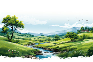 A tranquil countryside scene with a winding river framed by lush greenery under a clear blue sky, isolated on solid white background.