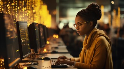 African american engineer coding drone control software for aviation innovation in research lab