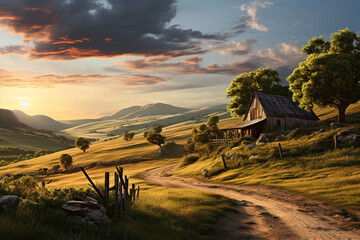 A tranquil countryside scene with a rustic barn and rolling hills, bathed in the soft light of the setting sun - Powered by Adobe