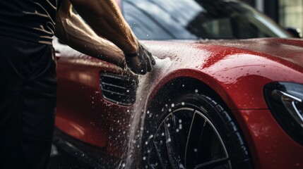 Expert automotive detailing with high pressure wash for red performance vehicle at professional shop