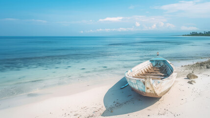 Serene tropical beach with old wooden boat on sandy shore