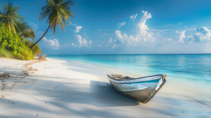 Fototapeta na wymiar Serene tropical beach with old wooden boat under sunny skies