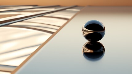 A black ball sits in front of a reflective surface.