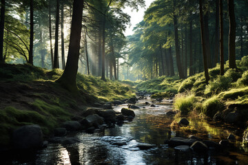 A tranquil forest clearing with a small stream, illuminated by the soft light of the setting sun...