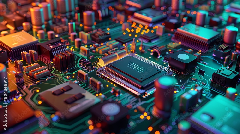 Leinwandbilder Detailed view of a computer board showing numerous electronic components such as microchips and printed circuit boards in a manufacturing workshop. Generative AI