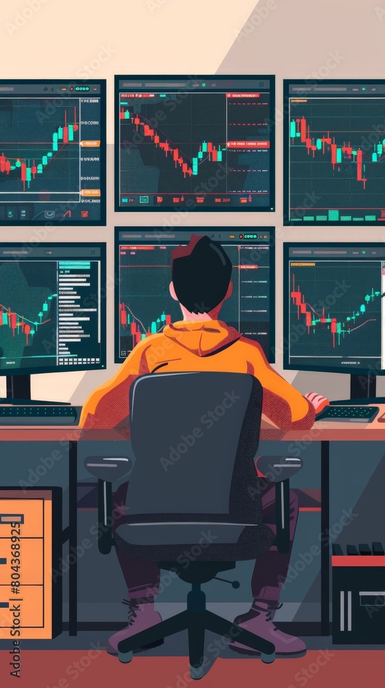 Poster Trader focused on screens displaying fluctuating stock data, in a contemporary trading environment.