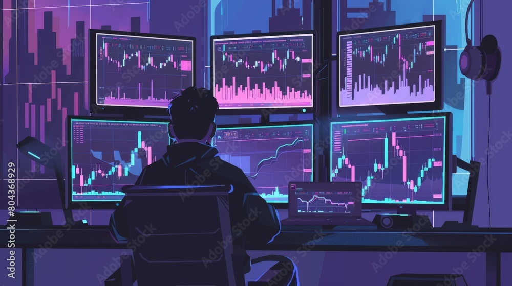 Aufkleber Back view of a trader monitoring diverse stock markets on multiple digital screens in a tech-driven workspace.
