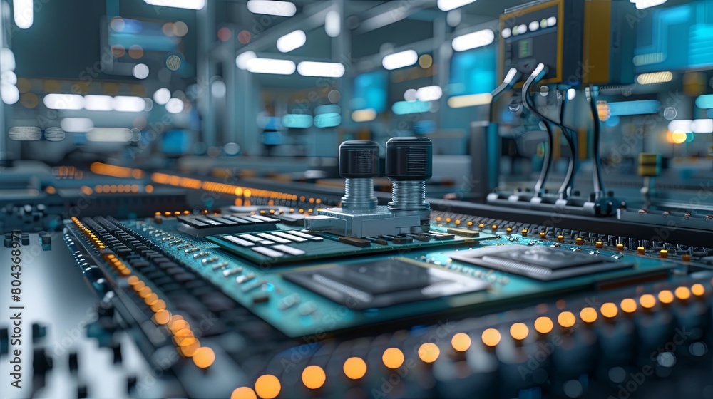 Poster A large metal machine filled with buttons and controls, used for intricate operations in electronics manufacturing. Generative AI