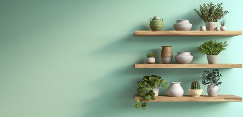 A smooth, pastel mint green wall background, offering a fresh and airy backdrop for a series of minimalist, Scandinavian-style wooden shelves, showcasing a curated selection of pottery and plants