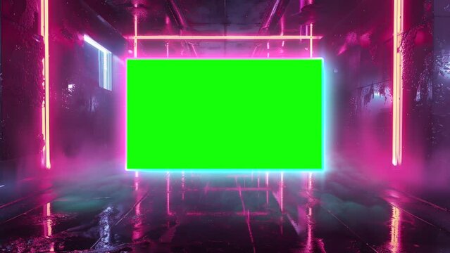 Neon Green Screen in a Cyberpunk Corridor with Pink Neon Lights and Reflective Floor