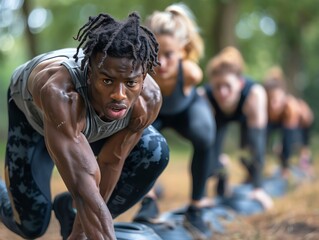 Fitness boot camp in an urban park, group of people pushing their limits with professional trainers