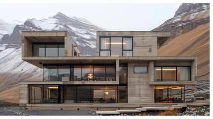 Fototapeta premium Awesome design of a modern concrete house in a beautiful desert scenery. Bright colors.