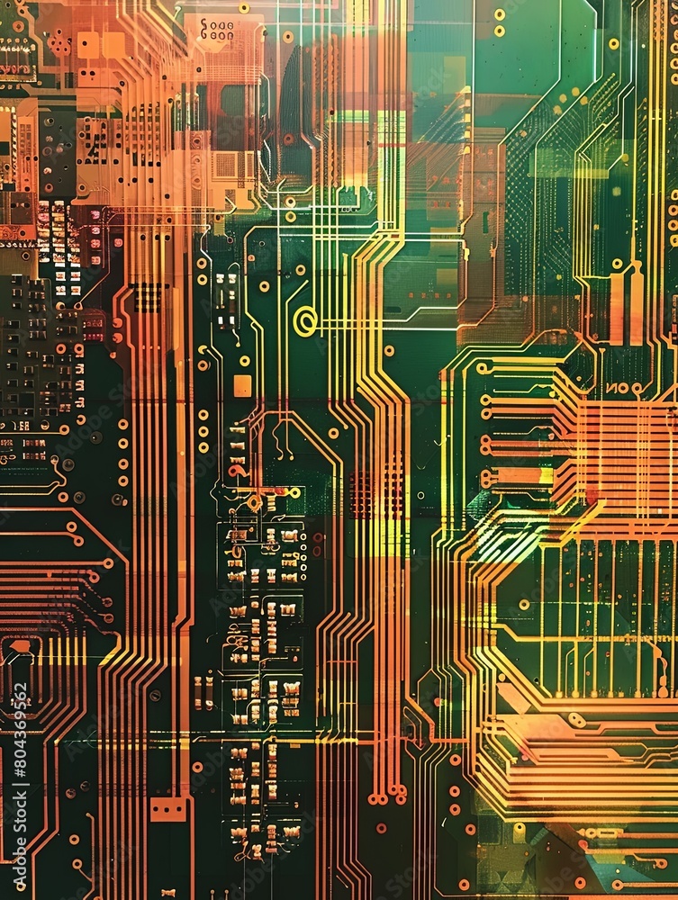 Poster detailed view of electronic microchips and printed circuit boards in a manufacturing workshop. gener