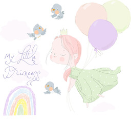 Little Cute Princess flying in the Sky with Balloons. Pastel Colors. Vector Illustration