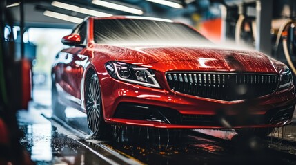 Professional detailer rinsing red performance car with high pressure washer in shop