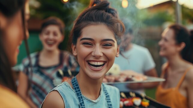 Cheerful diverse company of friends as inclusivity and diversity concept outside on a corporate grill party picnic