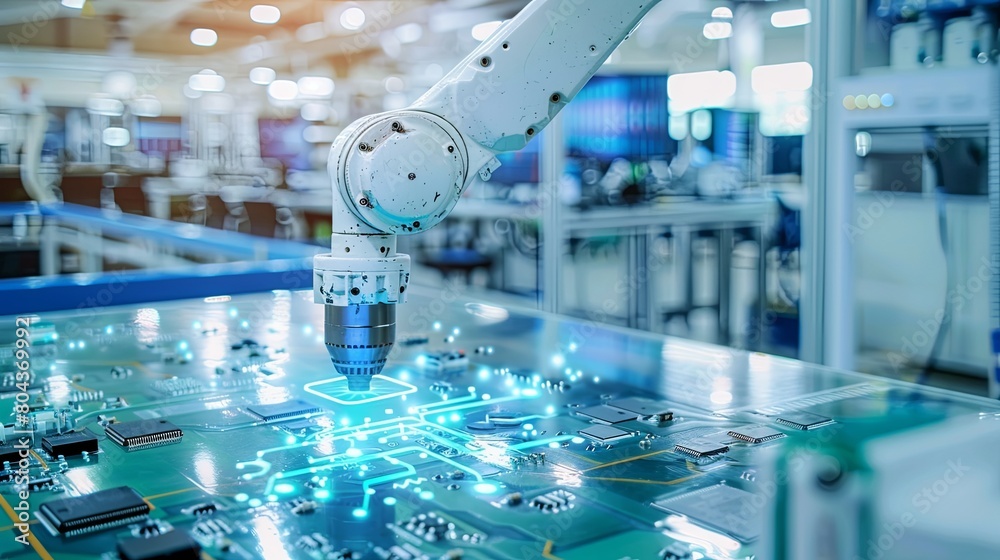 Poster A robotic arm equipped with precision tools is soldering components onto a circuit board in a manufacturing workshop. Generative AI
