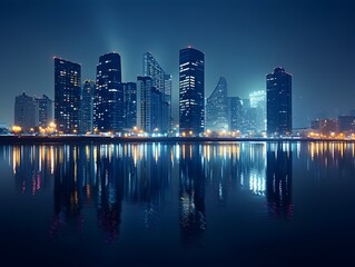 Captivating Panoramic Cityscape Reflecting a Vibrant Nighttime Skyline of Towering Modern Skyscrapers and Illuminated Buildings Mirrored on Calm Water
