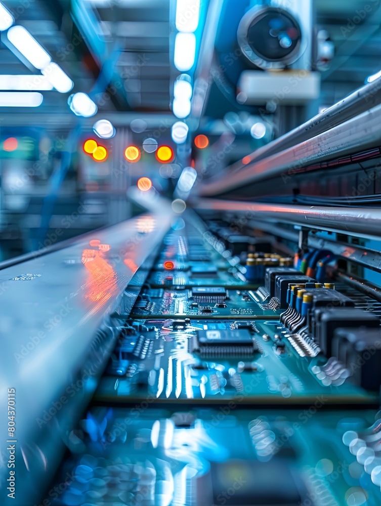 Fototapete Detailed view of electronic microchips and printed circuit boards on a computer motherboard in a manufacturing workshop. Generative AI