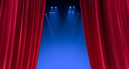 Open the red curtain for a stage performance with blue spotlight Theatre. Nightclub or cabaret...