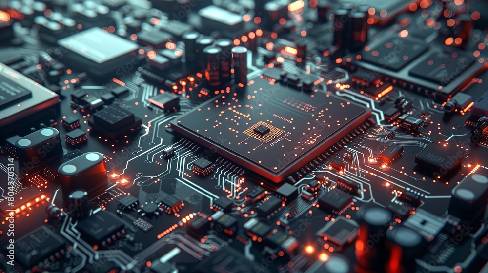Poster Detailed close up of a computer processor chip showing circuits and components in a manufacturing workshop setting. Generative AI