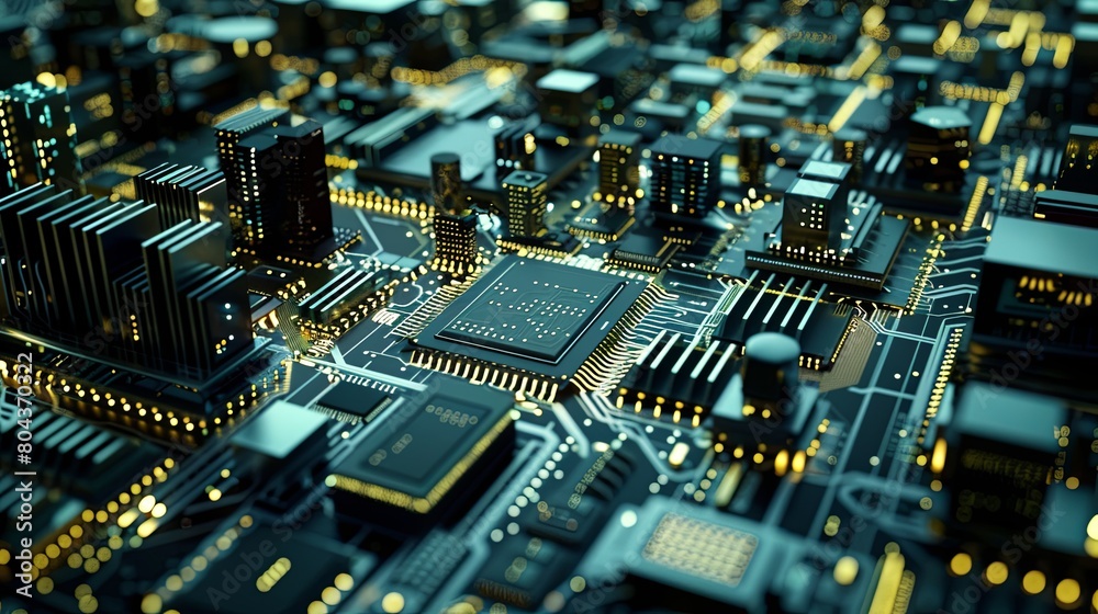 Leinwandbilder Detailed view of a computer circuit board, showcasing intricate electronic components and connections in a manufacturing workshop. Generative AI