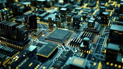 Obraz premium Detailed view of a computer circuit board, showcasing intricate electronic components and connections in a manufacturing workshop. Generative AI