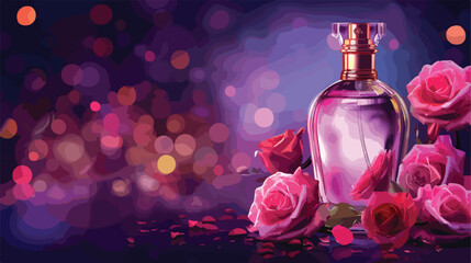 Bottle of perfume with beautiful roses on color backgroun
