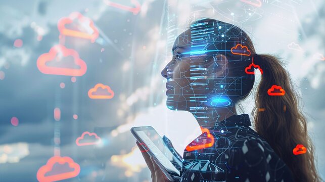 Businesswoman speaks phone and cloud storage technology hologram. Double exposure. Internet server concept.