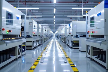 A large room filled with various machines working on electronic microchips and printed circuit boards in a high-tech manufacturing workshop. Generative AI