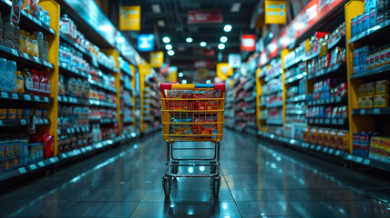 This shopping cart filled with groceries in a grocery store aisle.